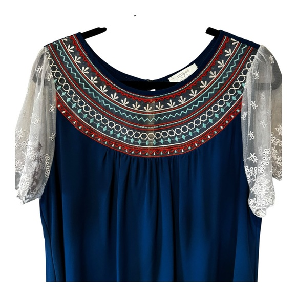 Umgee Blue and Lace Mini Dress L Boho Baby Doll Lose Flowy Embroidered - Picture 2 of 10